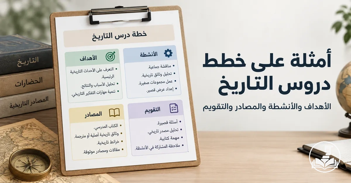 مثال لخطة درس تاريخ تتضمن الأهداف والأنشطة والمصادر والتقويم