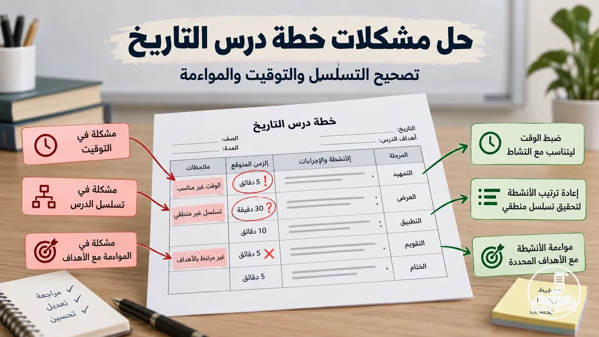 مراجعة خطة درس تاريخ للكشف عن مشكلات التوقيت وتسلسل الدرس والمواءمة مع الأهداف