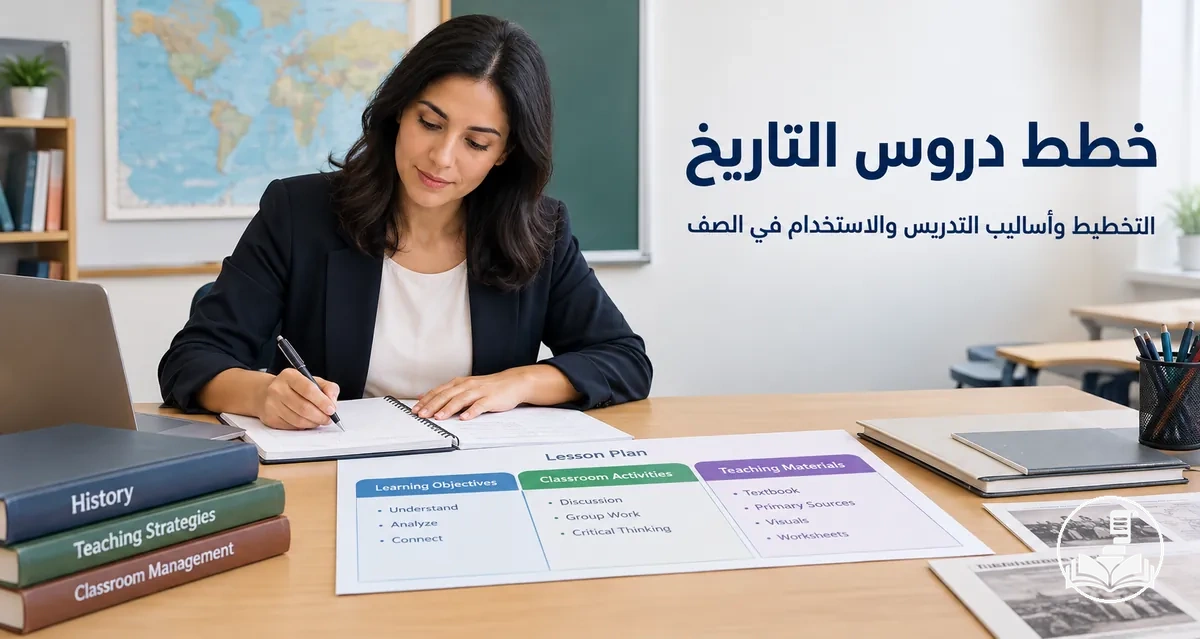معلم يخطط لدرس تاريخ يتضمن الأهداف والأنشطة والمواد الصفية