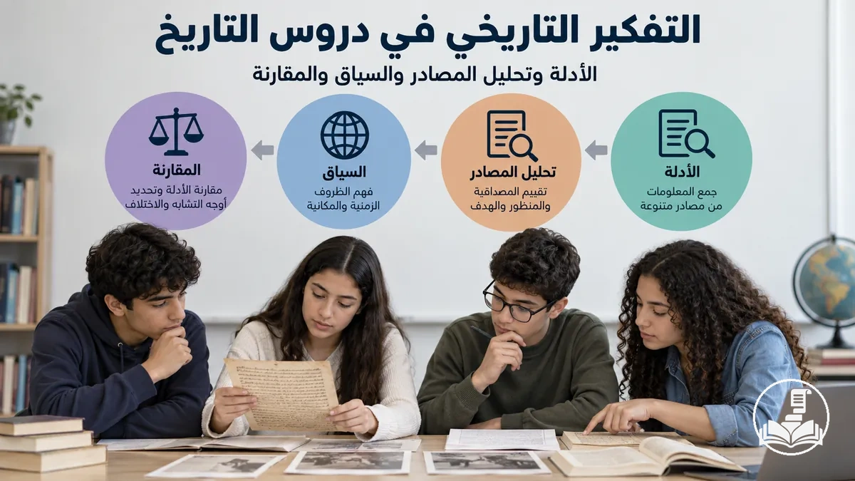 طلاب يستخدمون الأدلة وتحليل المصادر ووضعها في سياقها ومقارنتها في درس تاريخ