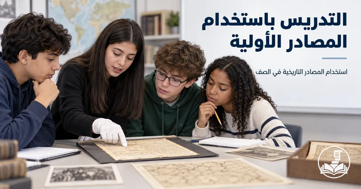 طلاب يحللون مصادر أولية تاريخية أثناء درس تاريخ في الصف