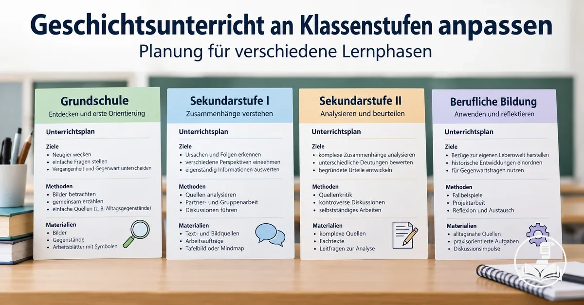 Unterrichtspläne für Geschichte, angepasst an verschiedene Klassenstufen und Lernphasen
