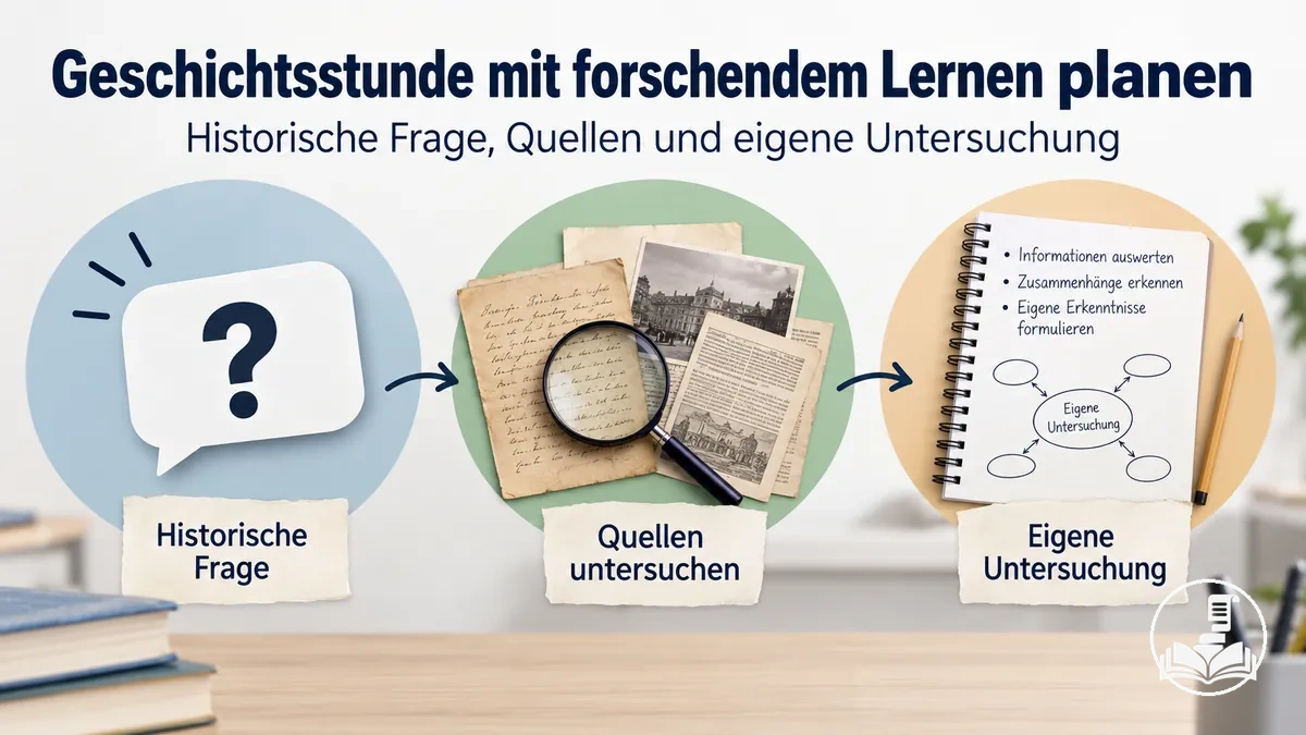 Geschichtsstunde mit forschendem Lernen rund um eine historische Frage, Quellen und eine eigene Untersuchung