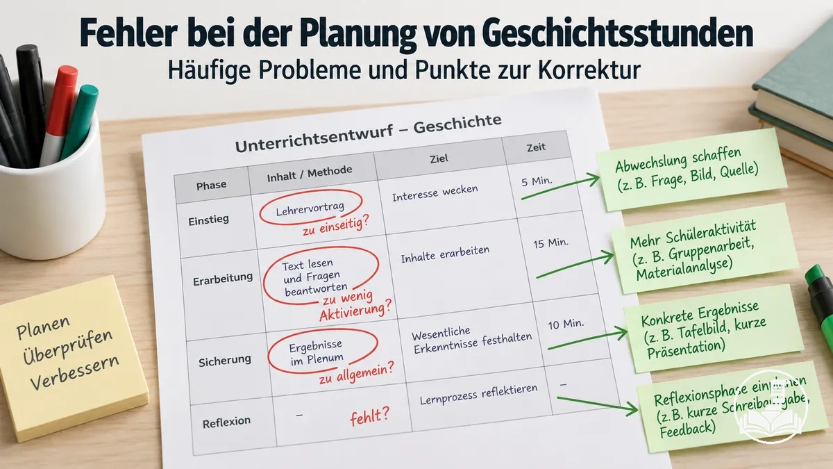 Unterrichtsplan für Geschichte mit markierten Planungsfehlern und Punkten zur Korrektur
