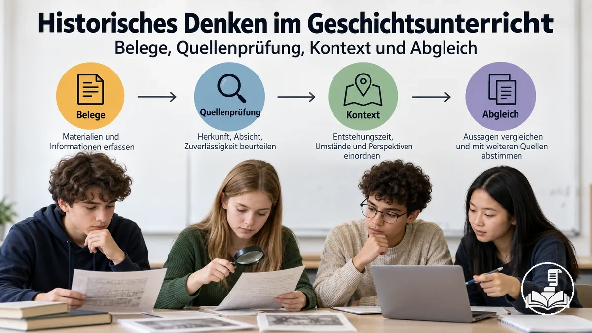 Schüler arbeiten im Geschichtsunterricht mit Belegen, Quellenprüfung, Kontextualisierung und Abgleich von Informationen