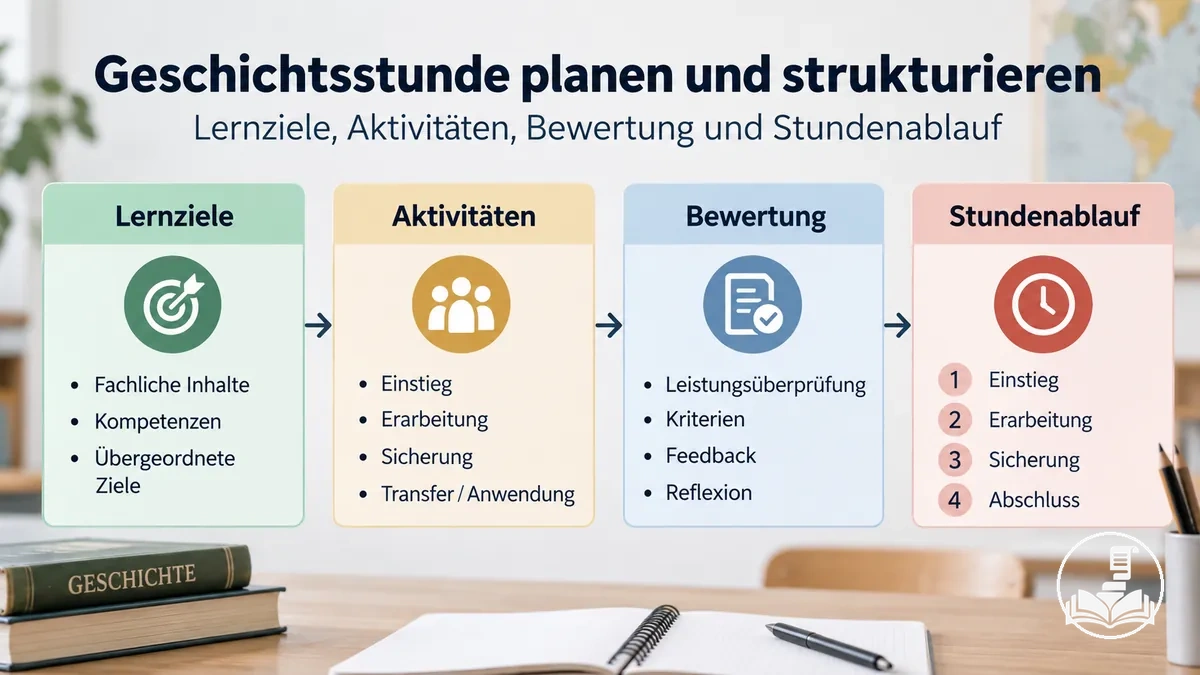 Unterrichtsplan für Geschichte mit Lernzielen, Aktivitäten, Bewertung und Stundenablauf