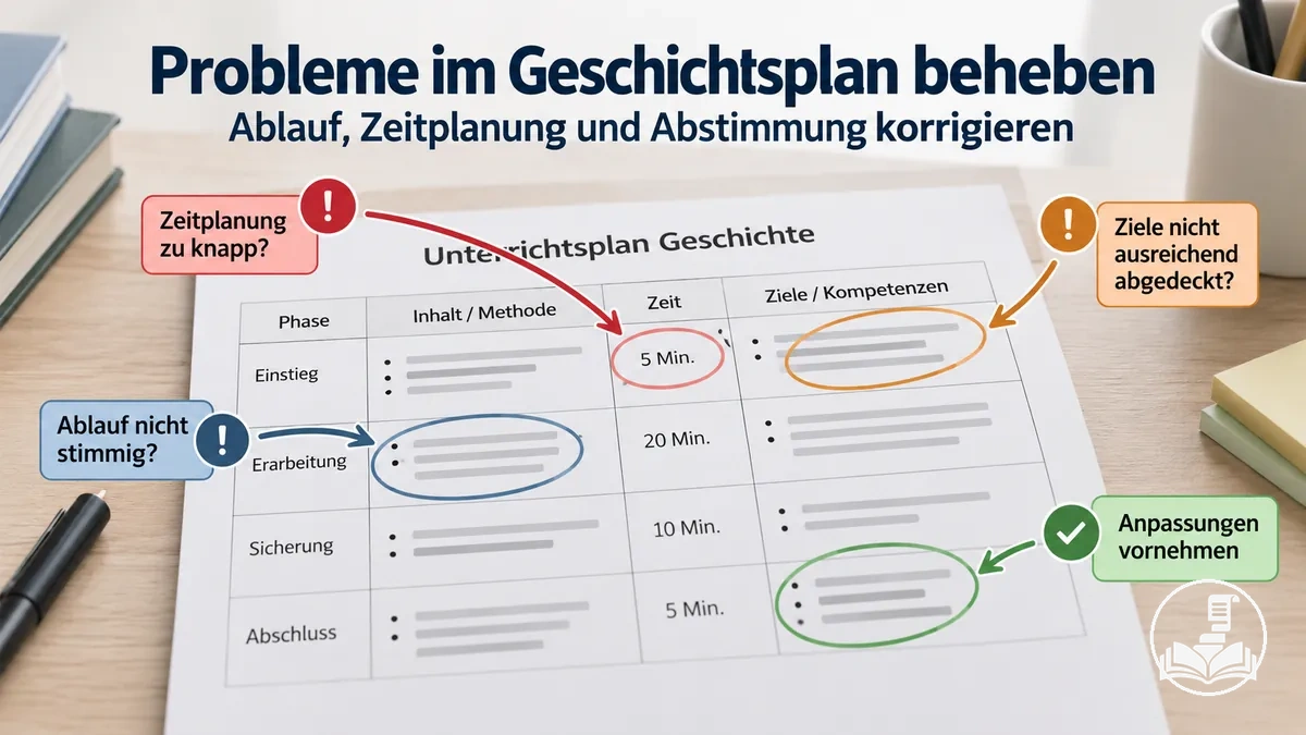 Unterrichtsplan für Geschichte wird auf Probleme bei Zeitplanung, Stundenablauf und Abstimmung mit Lernzielen geprüft