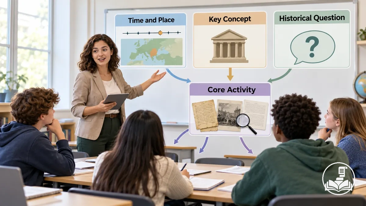 Einstieg in eine Geschichtsstunde mit Zeit, Ort, Schlüsselkonzepten und einer Leitfrage zur Orientierung der Schüler