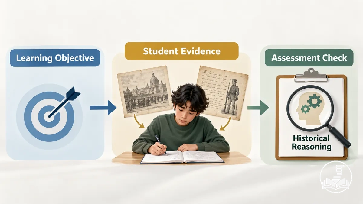 Diagramm, das ein Lernziel einer Geschichtsstunde mit Schülernachweisen und einer abgestimmten Bewertungsprüfung verbindet