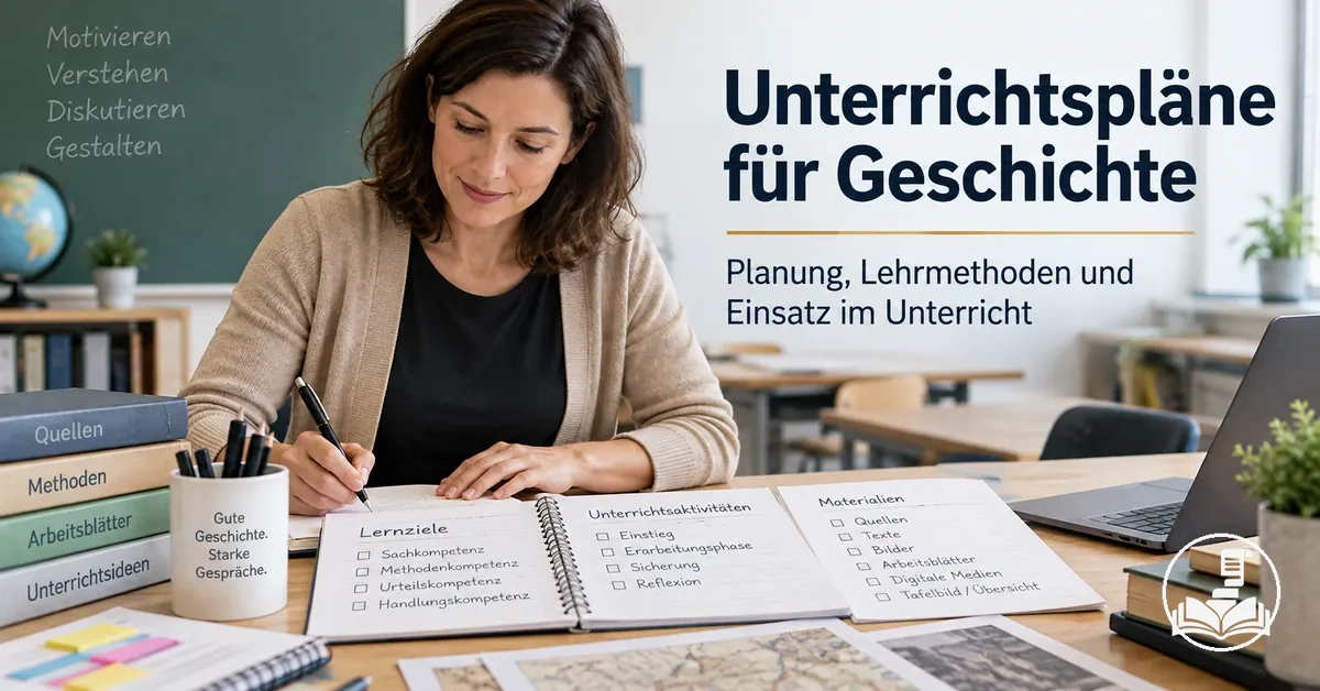 Lehrkraft bei der Planung einer Geschichtsstunde mit Lernzielen, Aktivitäten und Unterrichtsmaterialien
