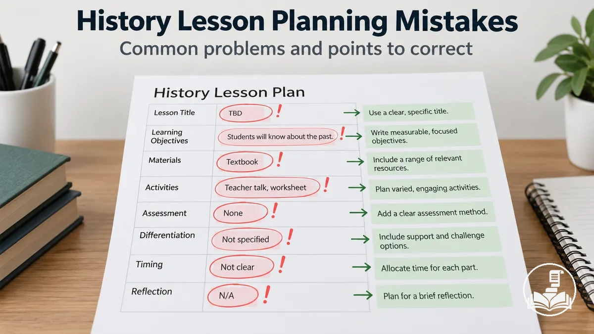 History lesson plan marked with common planning mistakes and areas for correction