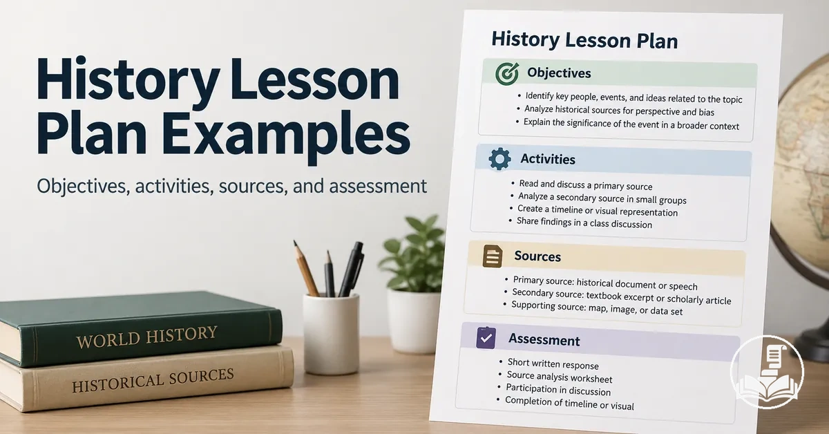 Example history lesson plan showing objectives, activities, sources, and assessment