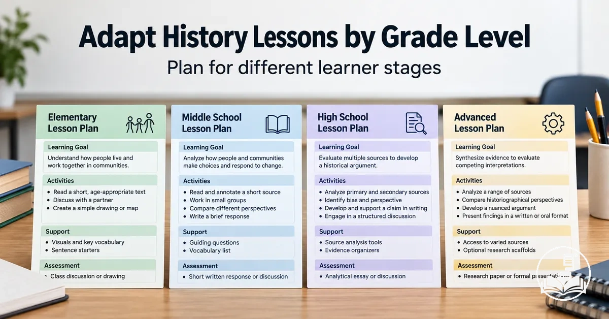 History lesson plans adapted for different school grade levels and learner stages