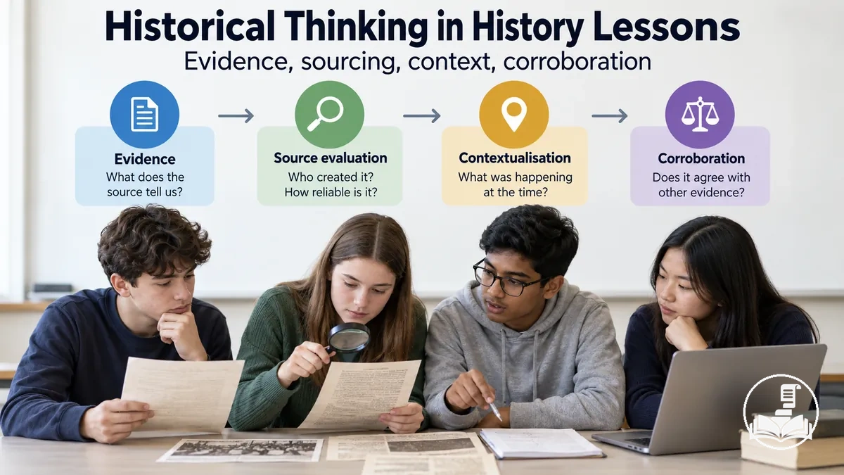 Students using evidence, sourcing, contextualisation, and corroboration in a history lesson