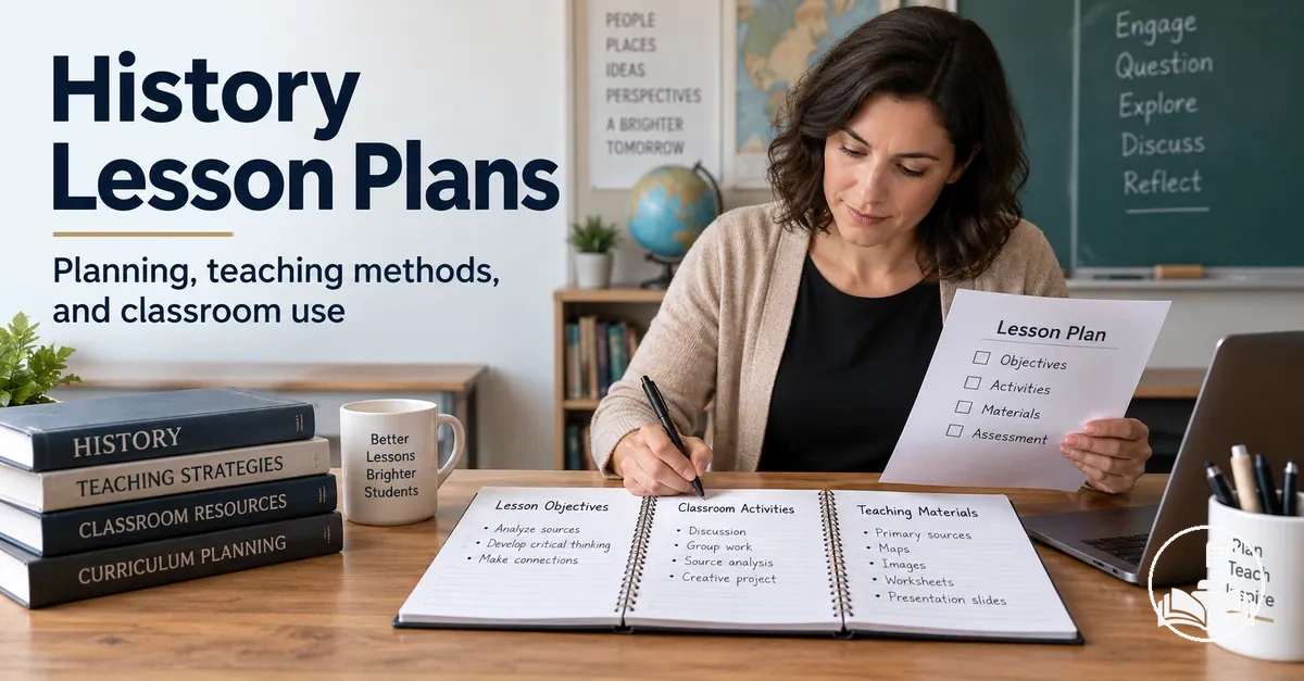 Teacher planning a history lesson with objectives, activities, and classroom materials
