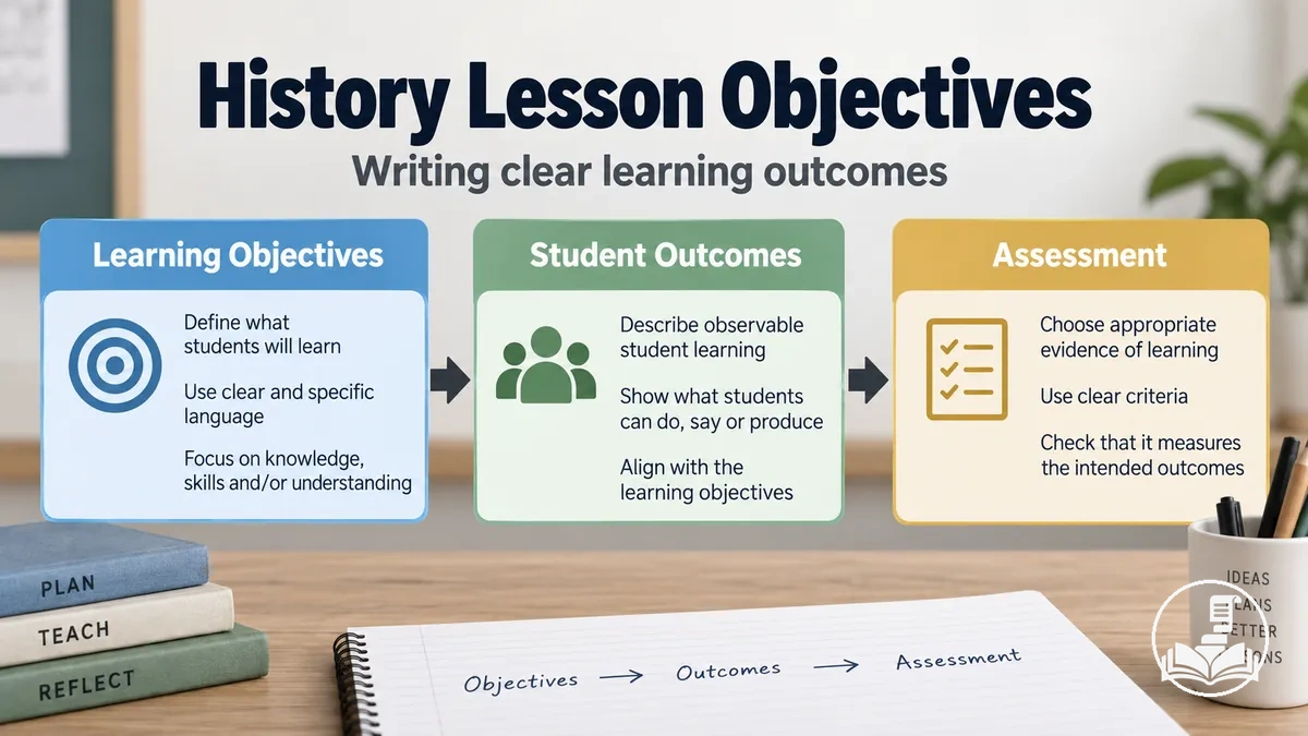 History lesson learning objectives connected to student outcomes and assessment