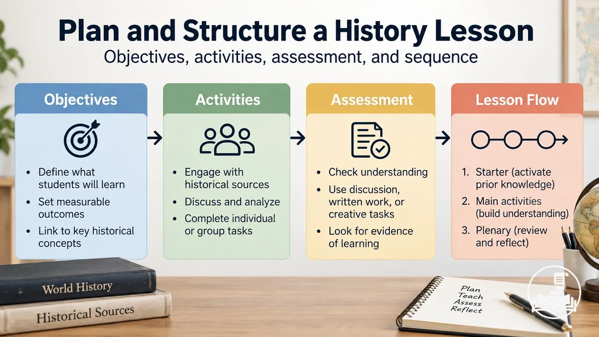 History lesson plan arranged into objectives, activities, assessment, and lesson sequence