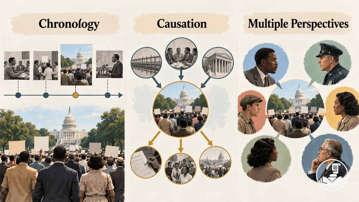 Comparison of chronological, causal, and multi-perspective framings of the same historical topic