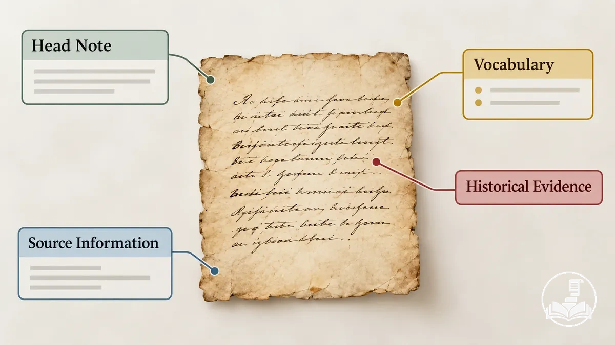 Annotated history source showing an excerpt, head note, vocabulary support, source information, and evidence-bearing passage