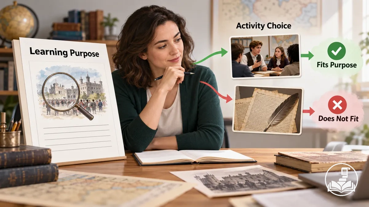 History lesson activity evaluated against a stated learning purpose for instructional alignment