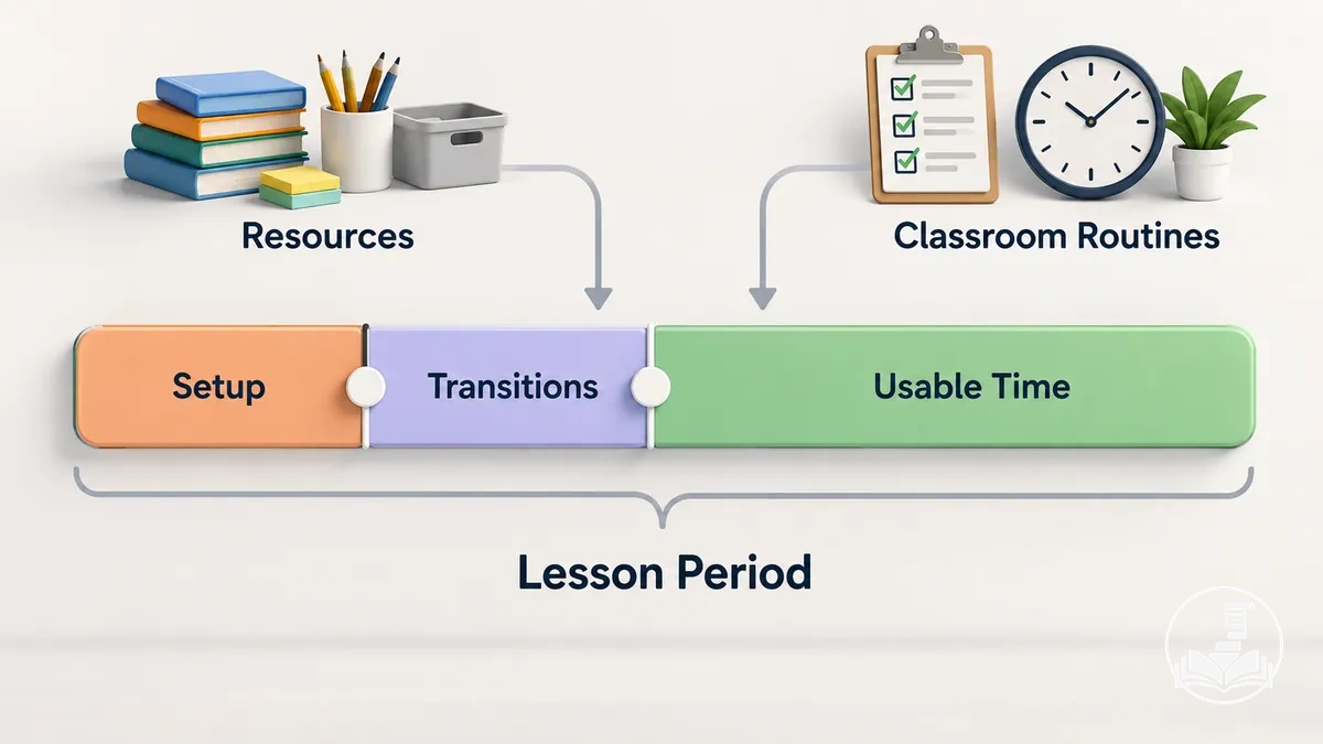 Diagram showing nominal lesson time, setup and transitions, usable learning time, and practical planning constraints