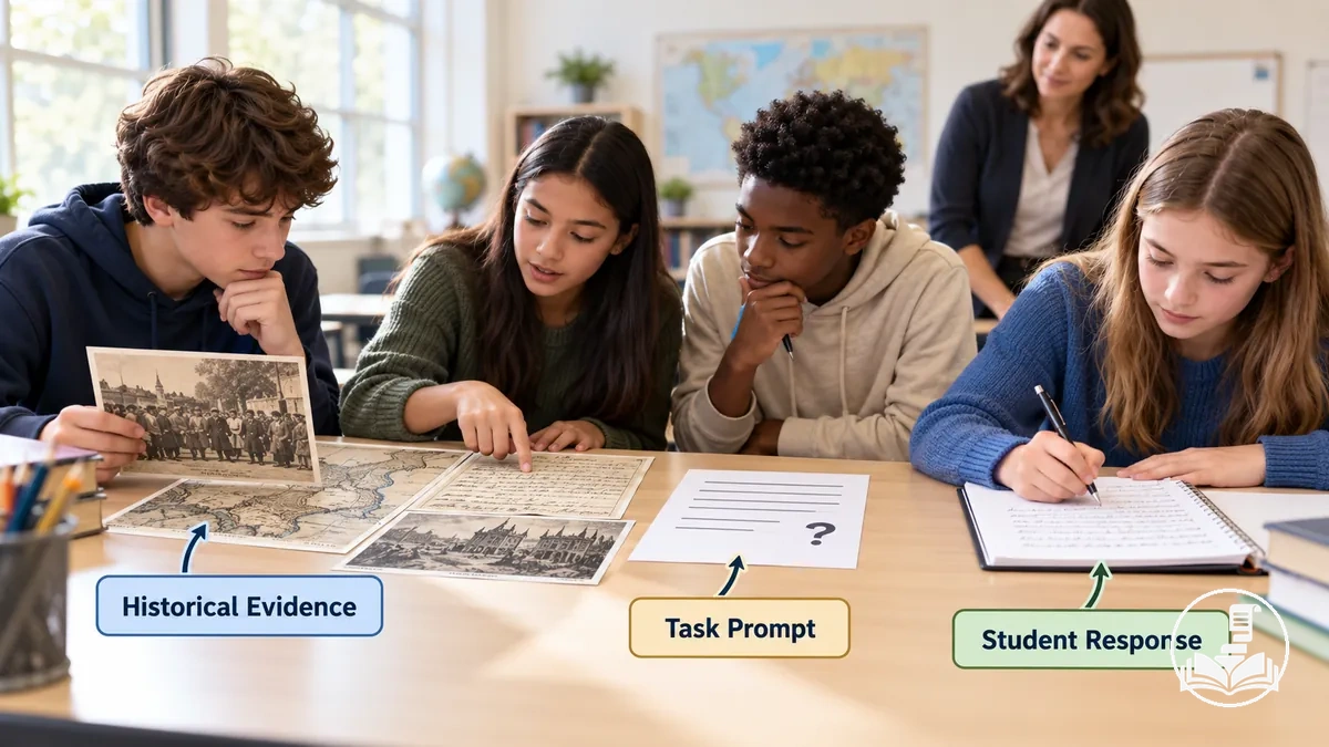 Students completing a core history learning activity that connects historical evidence, student action, and a learning output