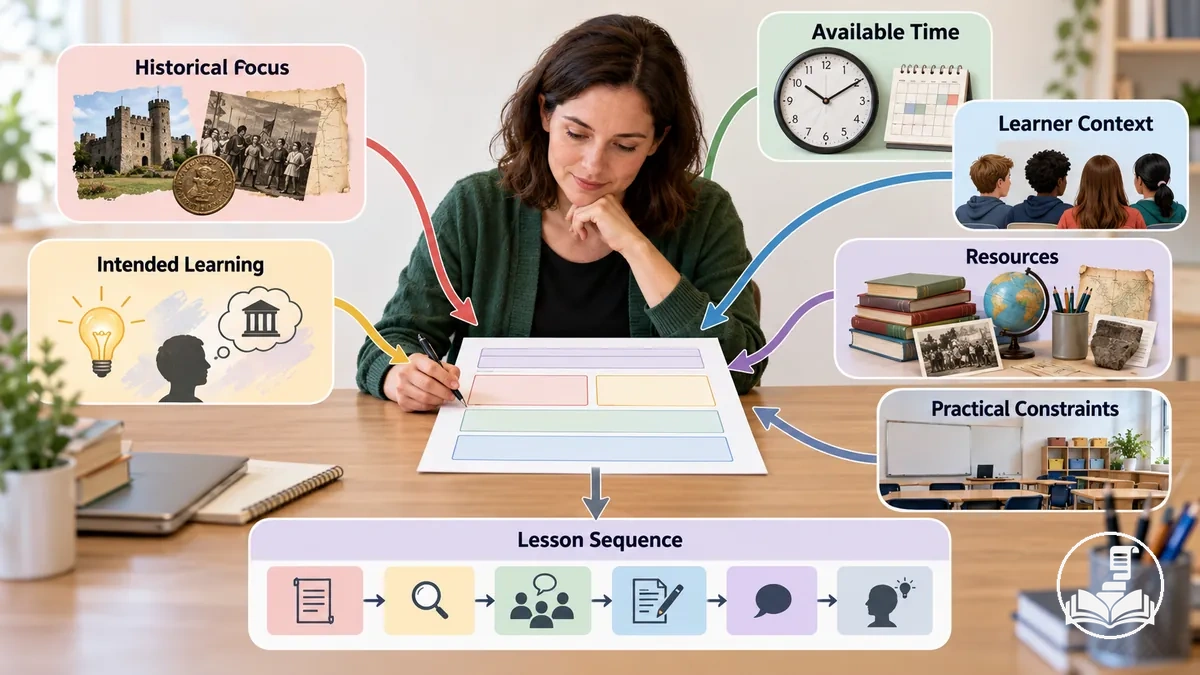 Annotated history lesson planning frame showing historical focus, intended learning, available time, learner context, resources, and constraints