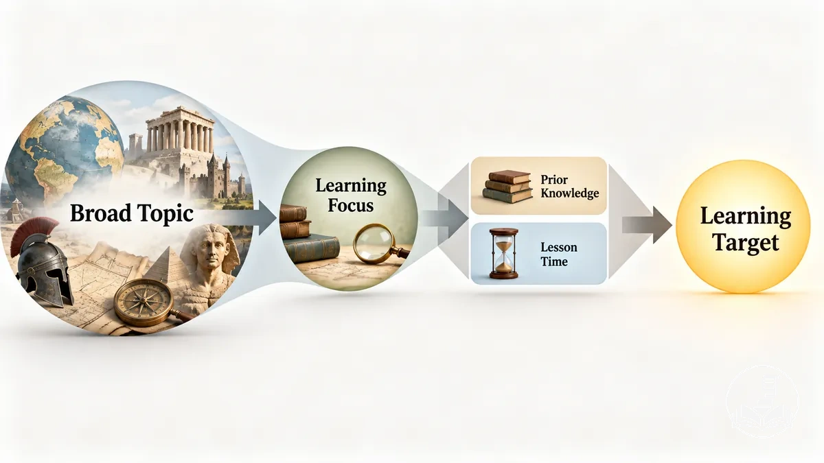 Diagram showing how a broad history topic becomes a focused lesson learning target.