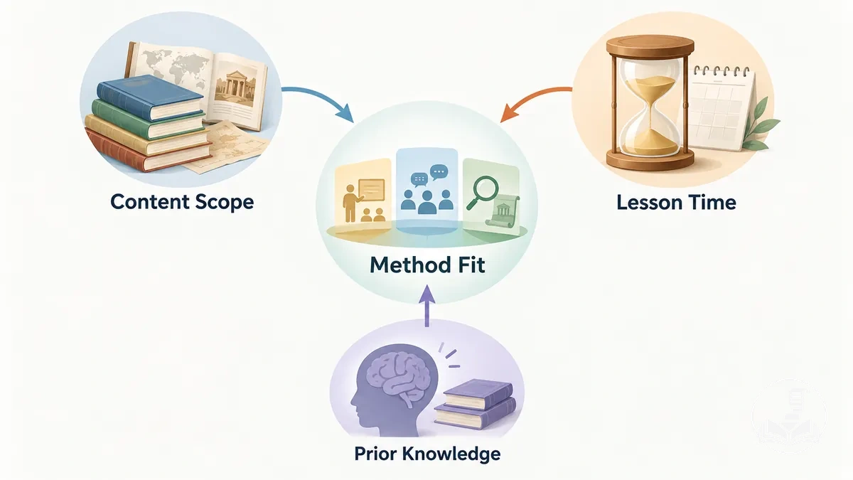 Content scope, lesson time, and prior knowledge influencing history teaching method choice.