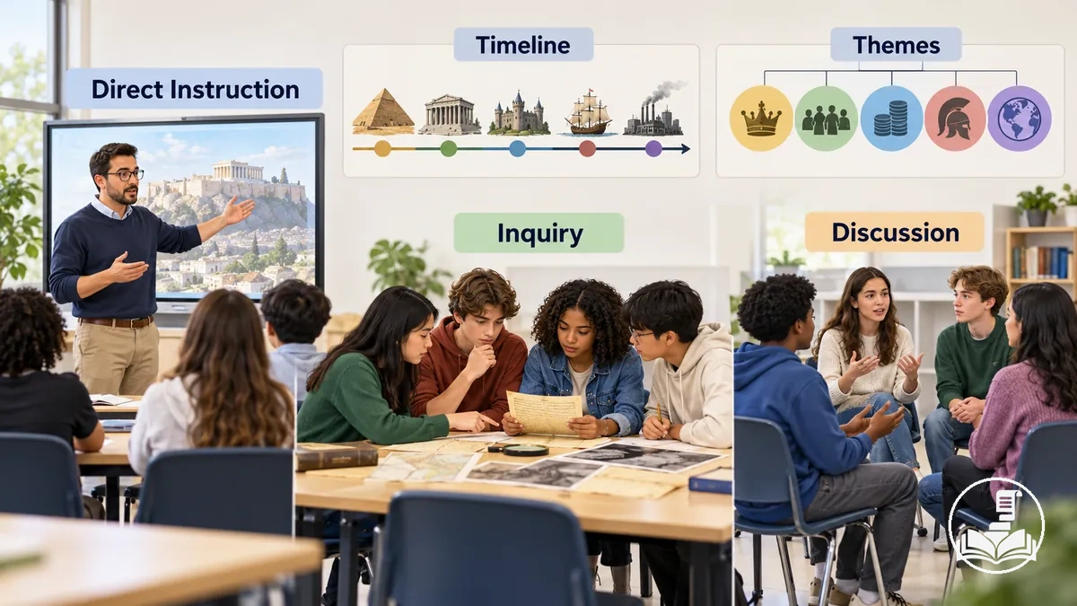 Illustration of common history teaching approaches and content-organization methods.