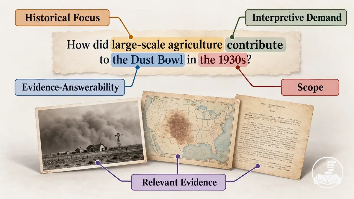 Annotated historical inquiry question showing focus, scope, evidence-answerability, and interpretive demand
