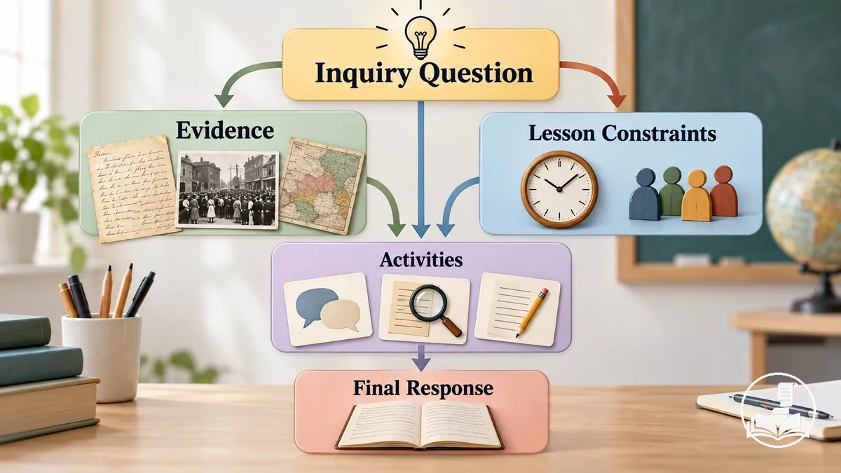 Inquiry-first history lesson planning with a historical question linked to evidence, activities, and the final student response