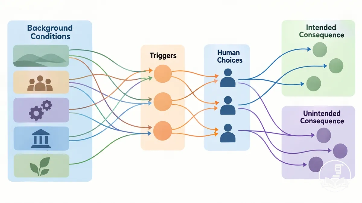 Diagram showing long-term conditions, short-term triggers, actions, and multiple historical consequences