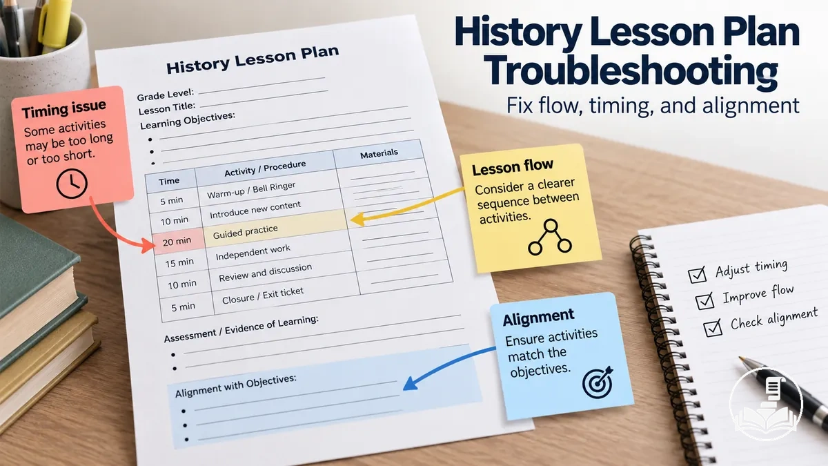 History lesson plan being reviewed for timing, lesson flow, and objective alignment problems