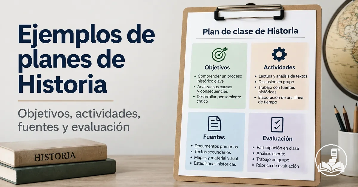 Ejemplo de plan de clase de Historia con objetivos, actividades, fuentes y evaluación