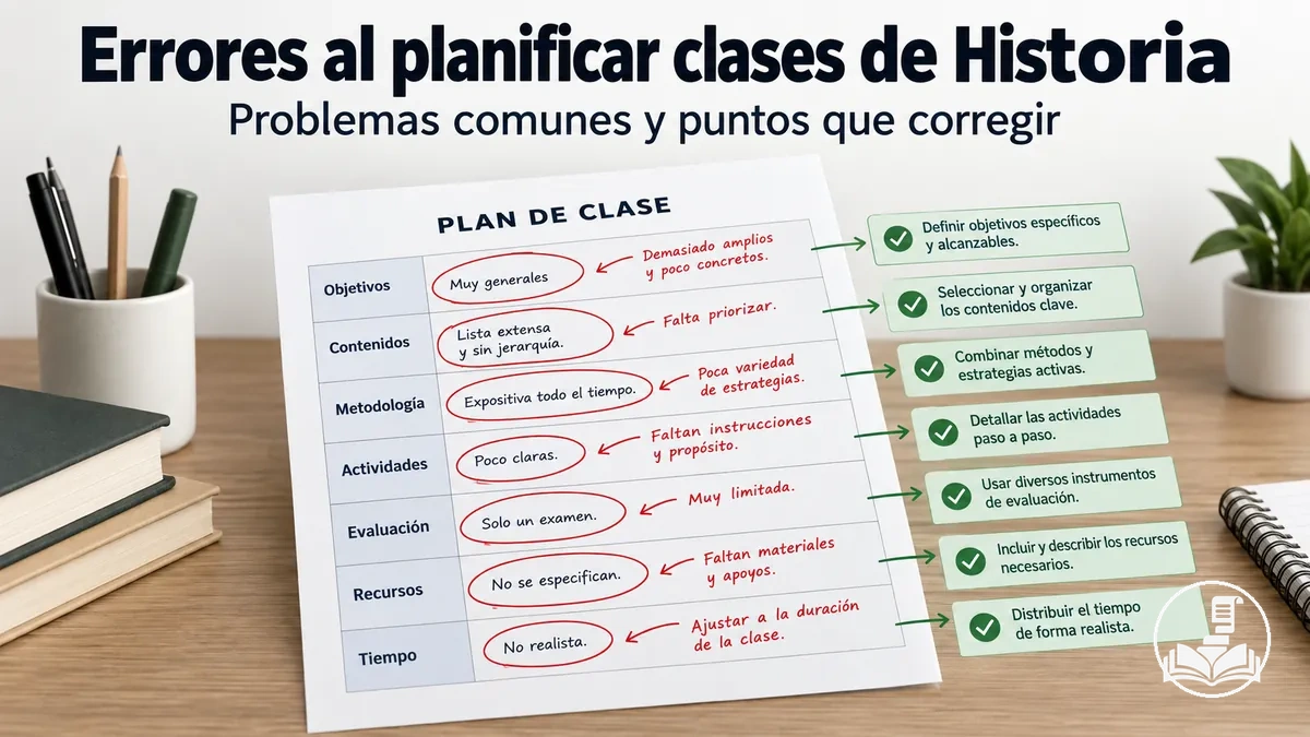 Plan de clase de Historia con errores habituales de planificación y puntos que corregir