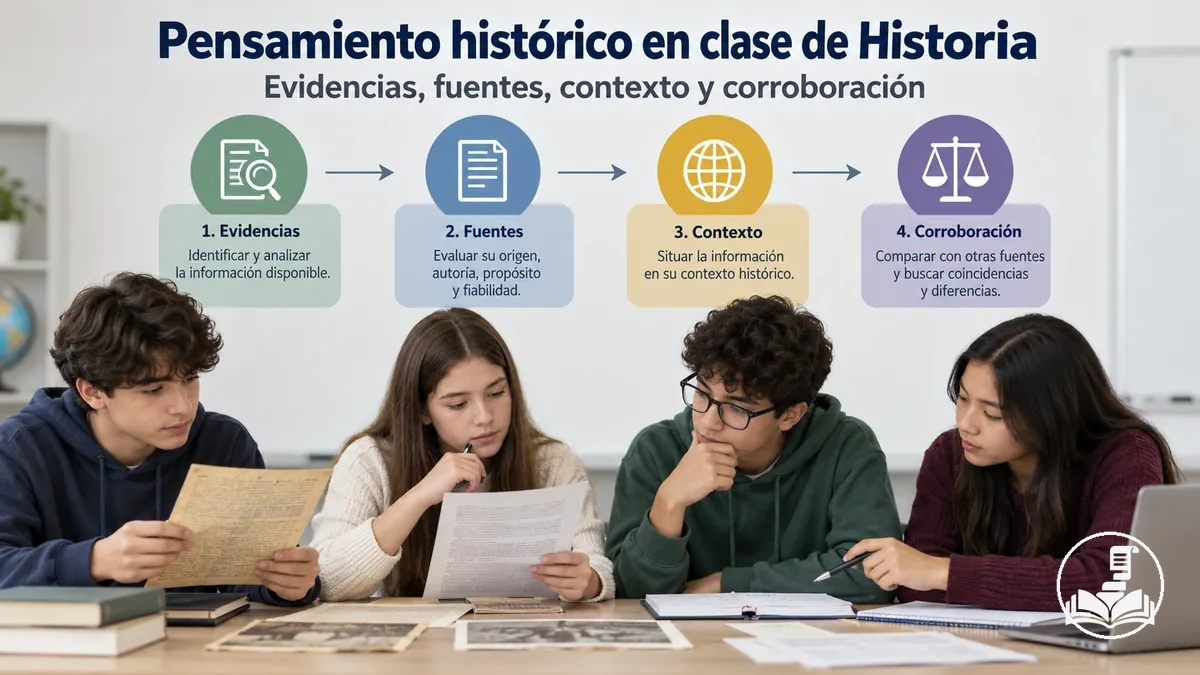Alumnado empleando evidencias, análisis de fuentes, contextualización y corroboración en una clase de Historia