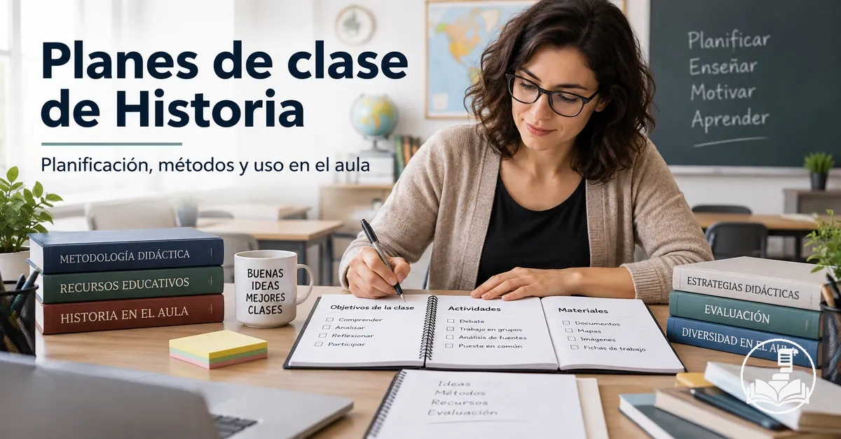 Docente planificando una clase de Historia con objetivos, actividades y materiales para el aula