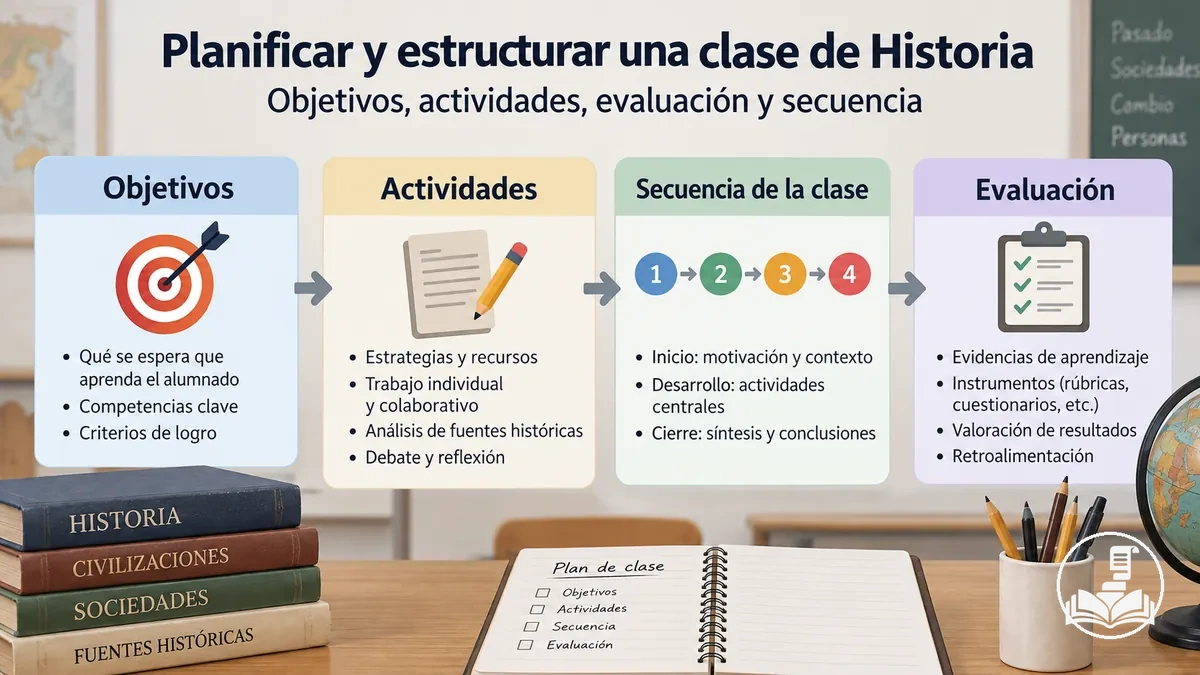 Plan de clase de Historia organizado en objetivos, actividades, evaluación y secuencia de la clase