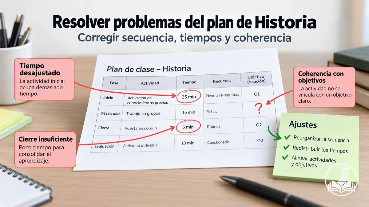 Plan de clase de Historia revisado para detectar problemas de tiempo, secuencia y coherencia con los objetivos