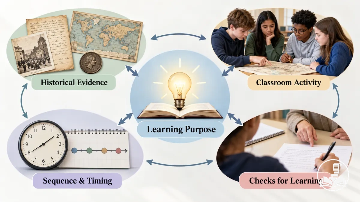 Diagrama que muestra cómo el propósito de aprendizaje, la evidencia histórica, la actividad en el aula, la distribución temporal y las verificaciones del aprendizaje se conectan dentro de un plan de clase de Historia