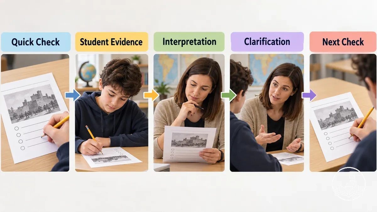 Evaluación formativa de Historia que muestra una comprobación rápida, evidencia del alumnado y ajuste didáctico