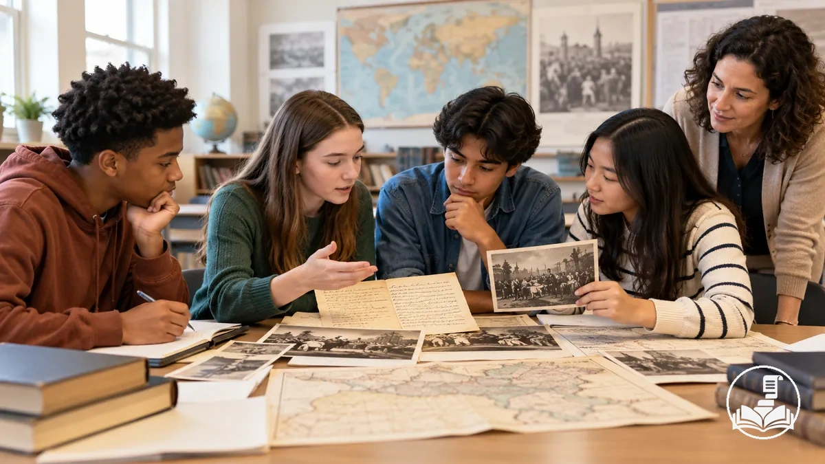Alumnado examinando evidencia histórica para investigar una pregunta histórica significativa