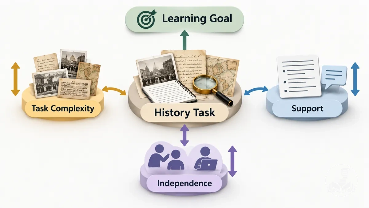 Diagrama que muestra la complejidad, el apoyo y la independencia como partes ajustables de una misma tarea de Historia compartida