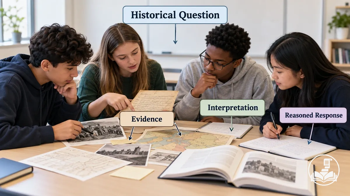 Alumnos investigando una pregunta histórica mediante la comparación de evidencia de fuentes históricas