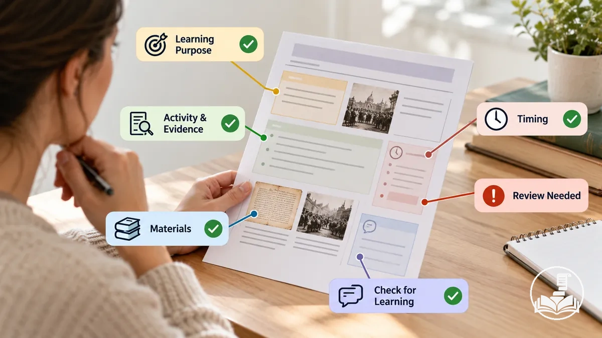 Plan de clase de Historia anotado que muestra las verificaciones previas a la impartición sobre el propósito, las actividades, la distribución temporal, los materiales, la alineación y la evidencia del aprendizaje