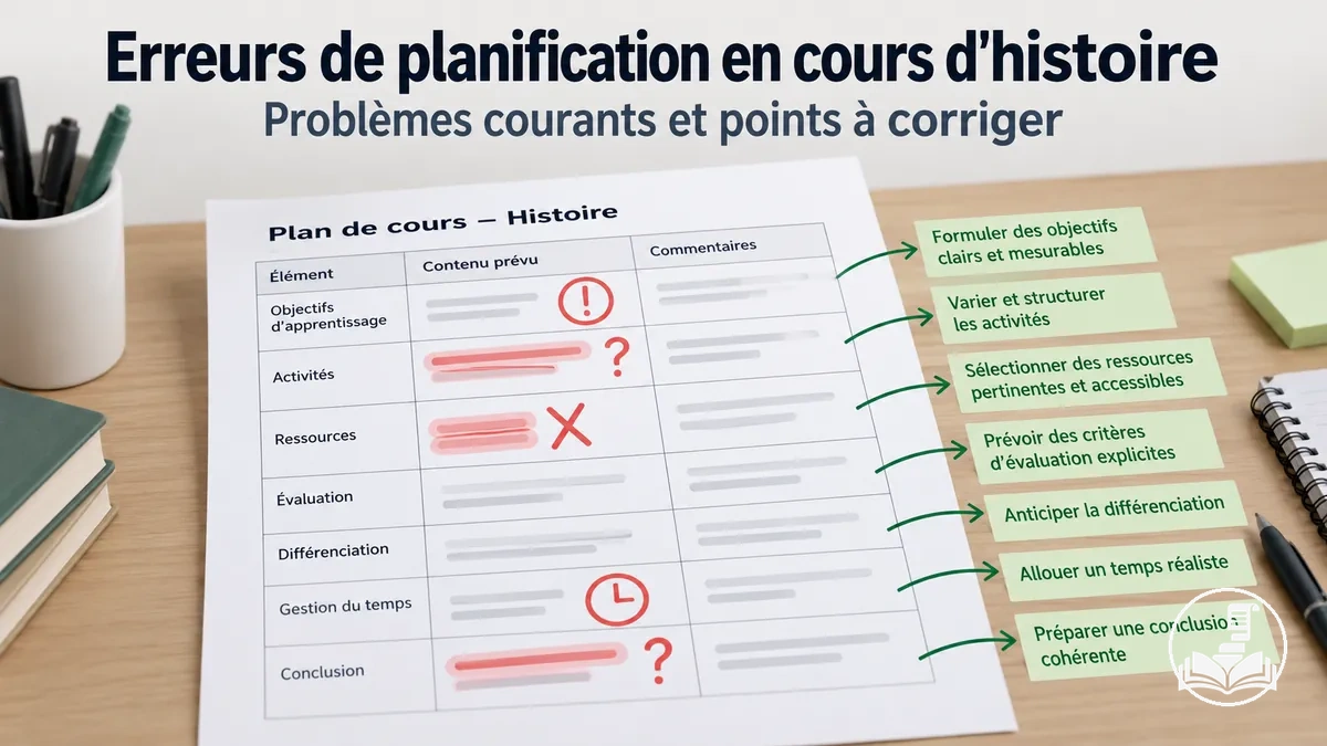 Plan de cours d’histoire montrant des erreurs courantes de planification et des points à corriger