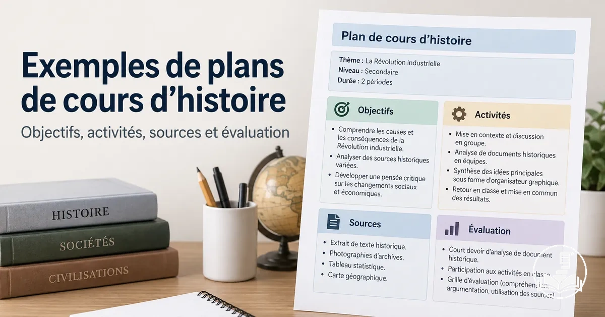 Exemple de plan de cours d’histoire présentant des objectifs, des activités, des sources et une évaluation