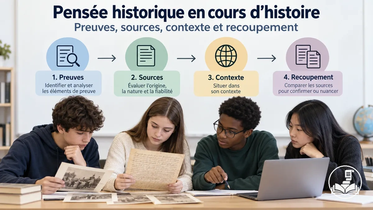 Élèves utilisant des éléments de preuve, l’analyse des sources, la contextualisation et le recoupement dans un cours d’histoire