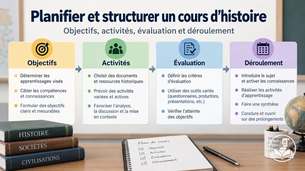 Plan de cours d’histoire organisé en objectifs, activités, évaluation et déroulement de la séance